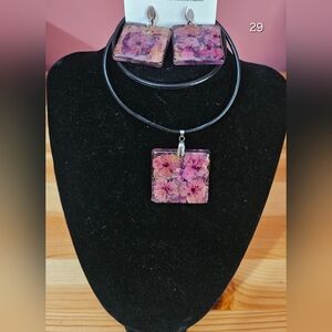 Floral Purple Pendant Necklace and Earring Set